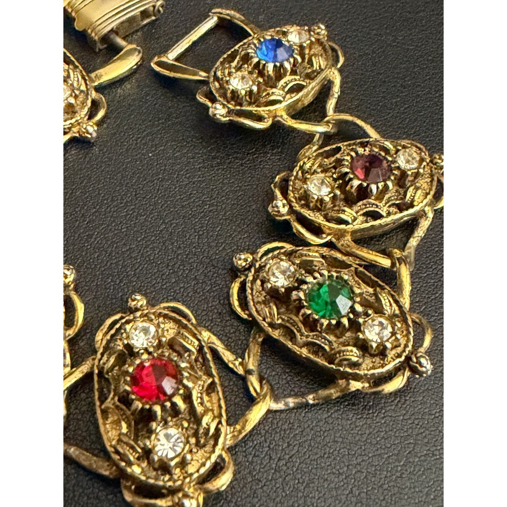Vintage Victorian Revival Rhinestone Bracelet Link Bracelet USA Gold Tone